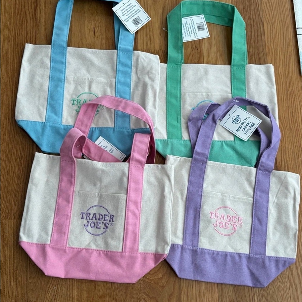 Trader Joes Mini Pastel Canvas Tote Bag 4 Piece Set NEW